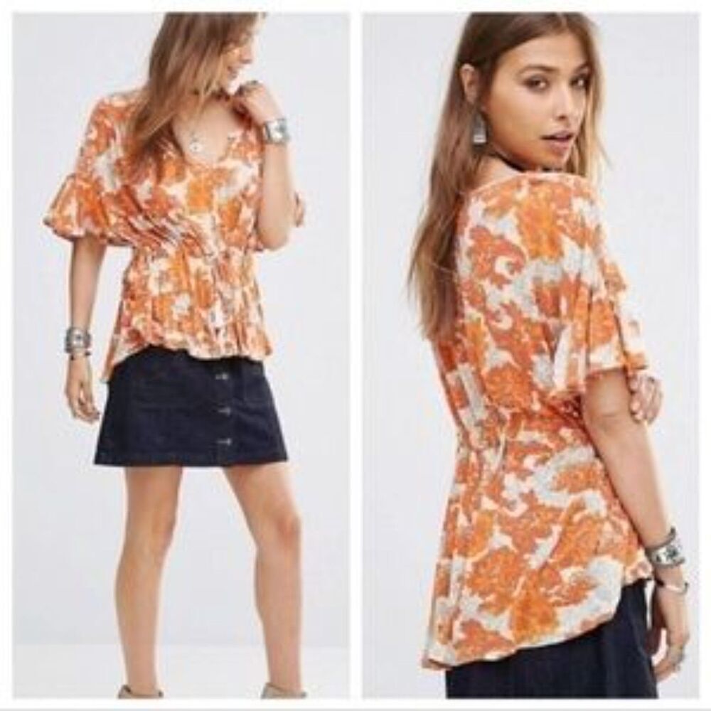FREE PEOPLE Orange Beige Floral Flutter Sleeve Waist Tie V-Neck Blouse Top Small